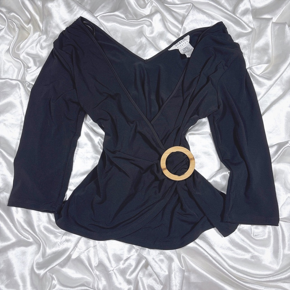 y2k Wrap Top Black Excellent George Stretch V-Neck Wood Ring Detail Blouse